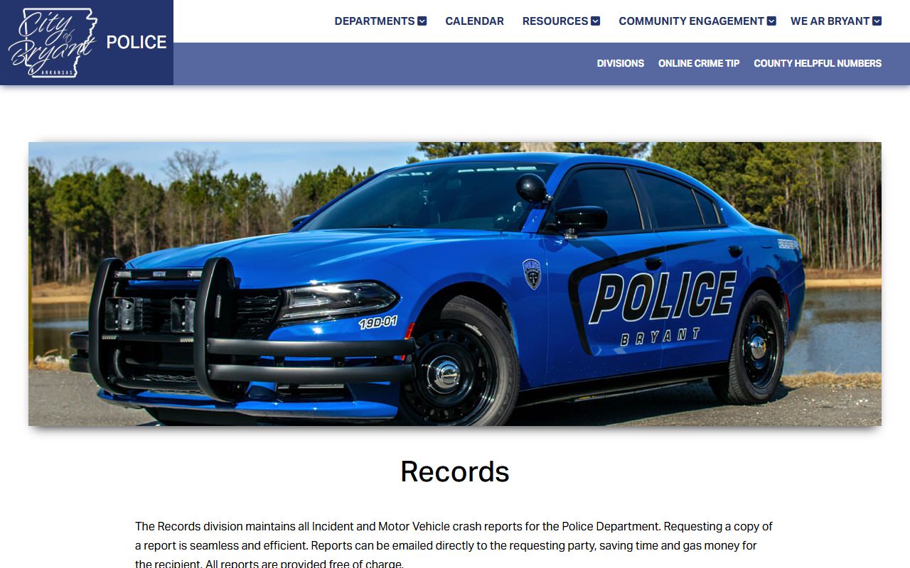 Bryant Police Records Division page for arrest records