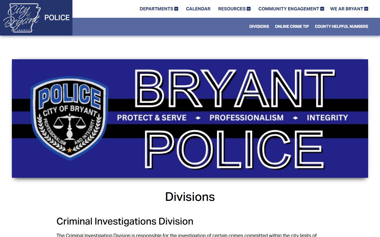 Bryant Police Department divisions page for arrest records