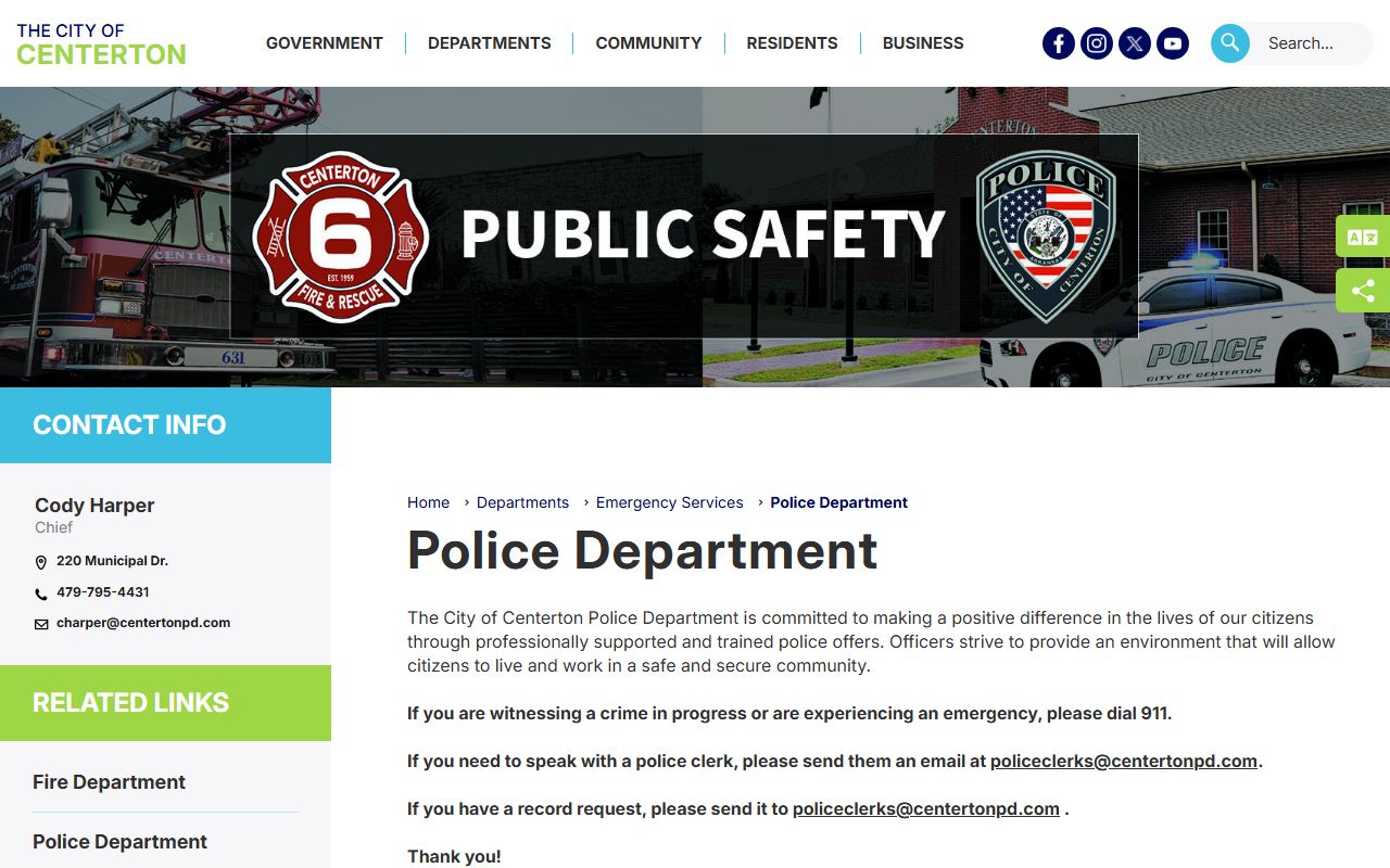 Centerton Police Department page for arrest records