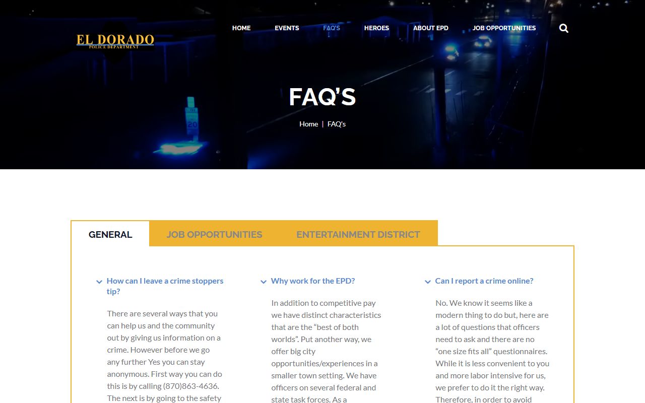 El Dorado Police Department FAQ page arrest records