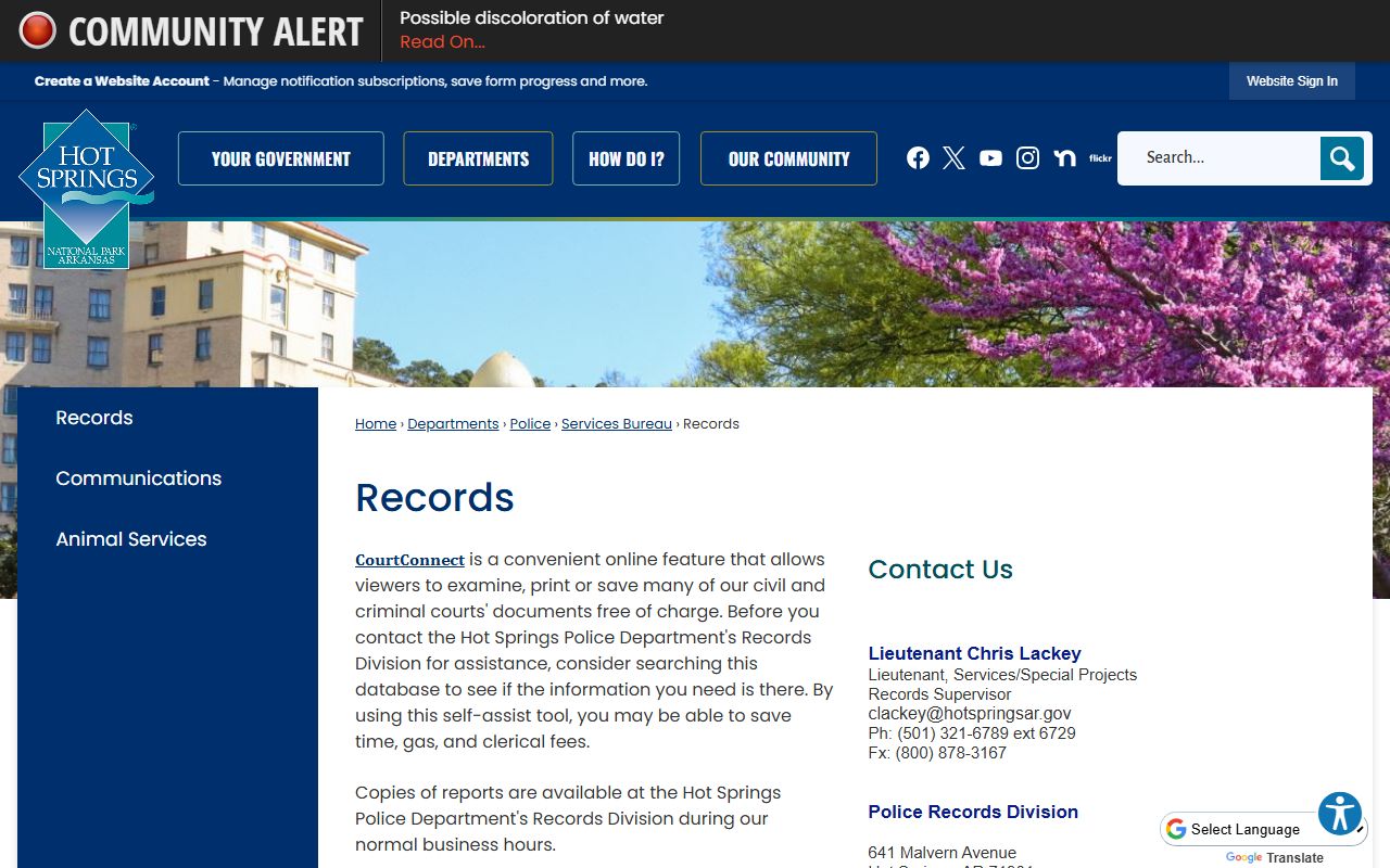 Hot Springs Police Records Division arrest records