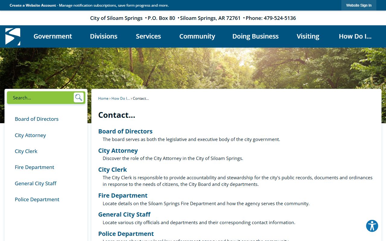 Siloam Springs city contact page for arrest records