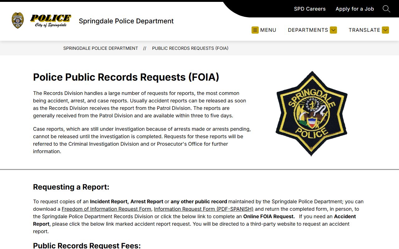 Springdale police records FOIA requests for arrest records