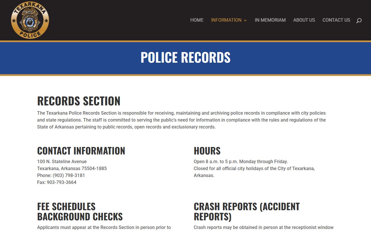 Texarkana Police Records Section page for arrest records