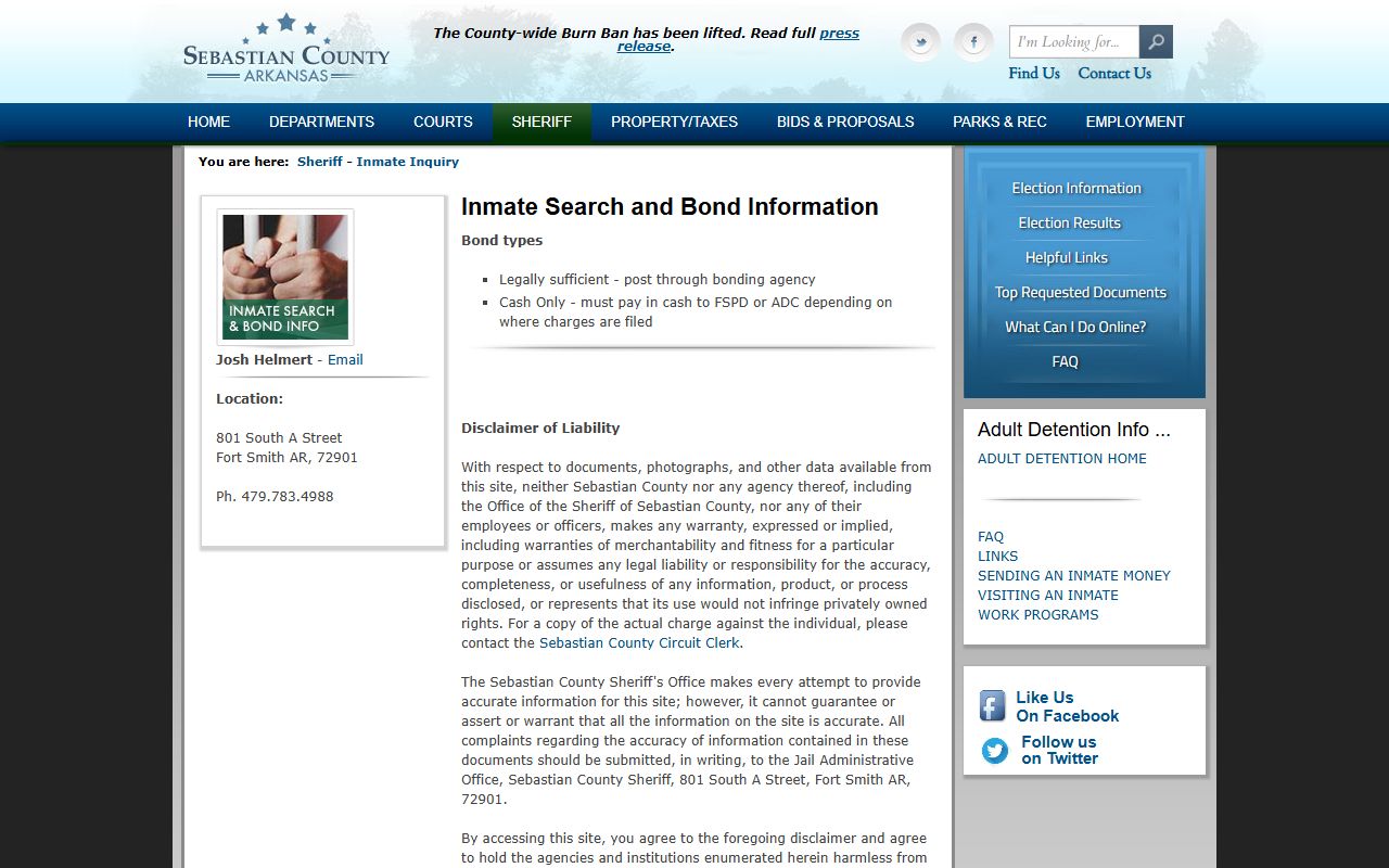Sebastian County Arkansas arrest records sheriff inmate inquiry