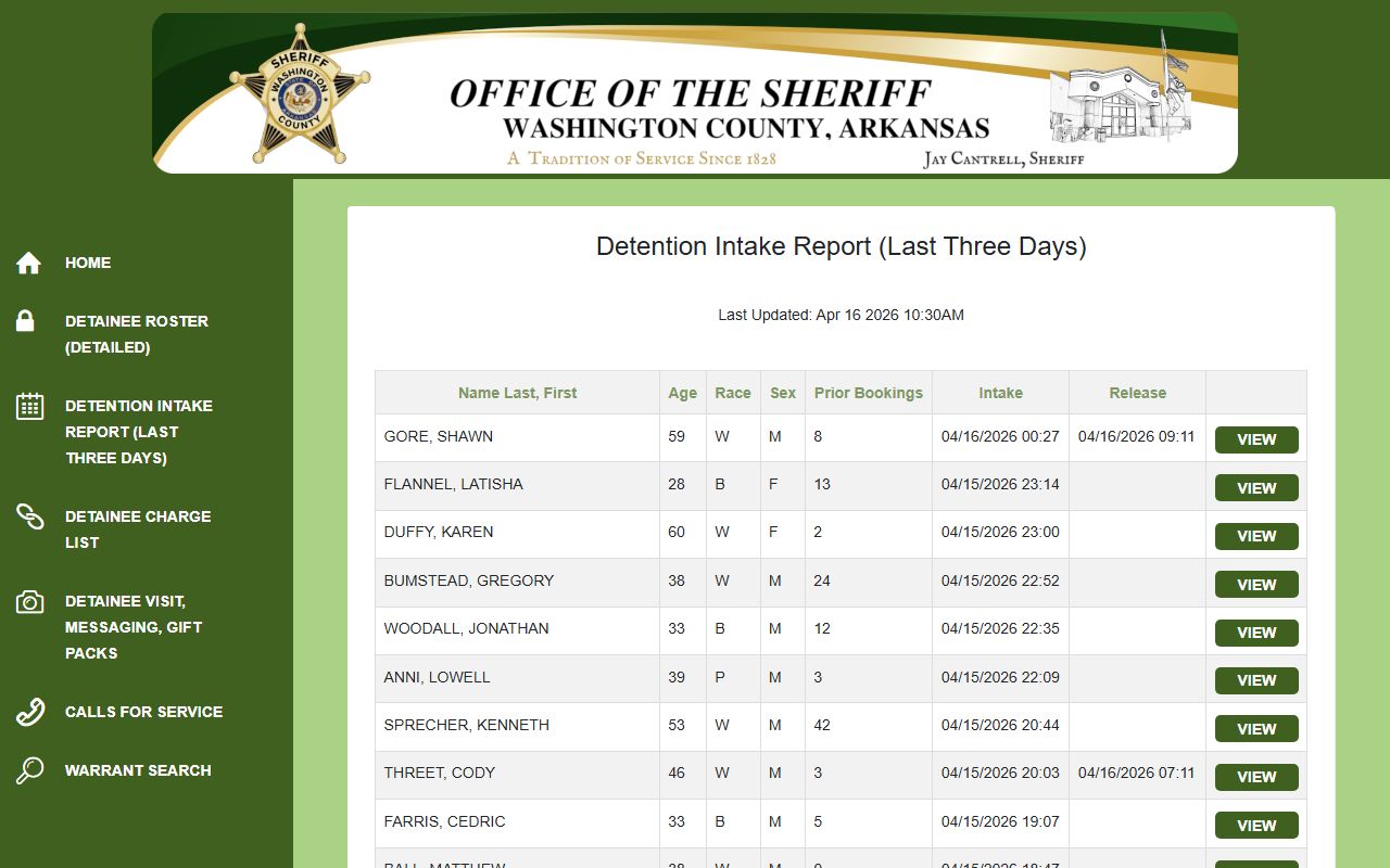 Washington County Arkansas arrest records detention intake roster